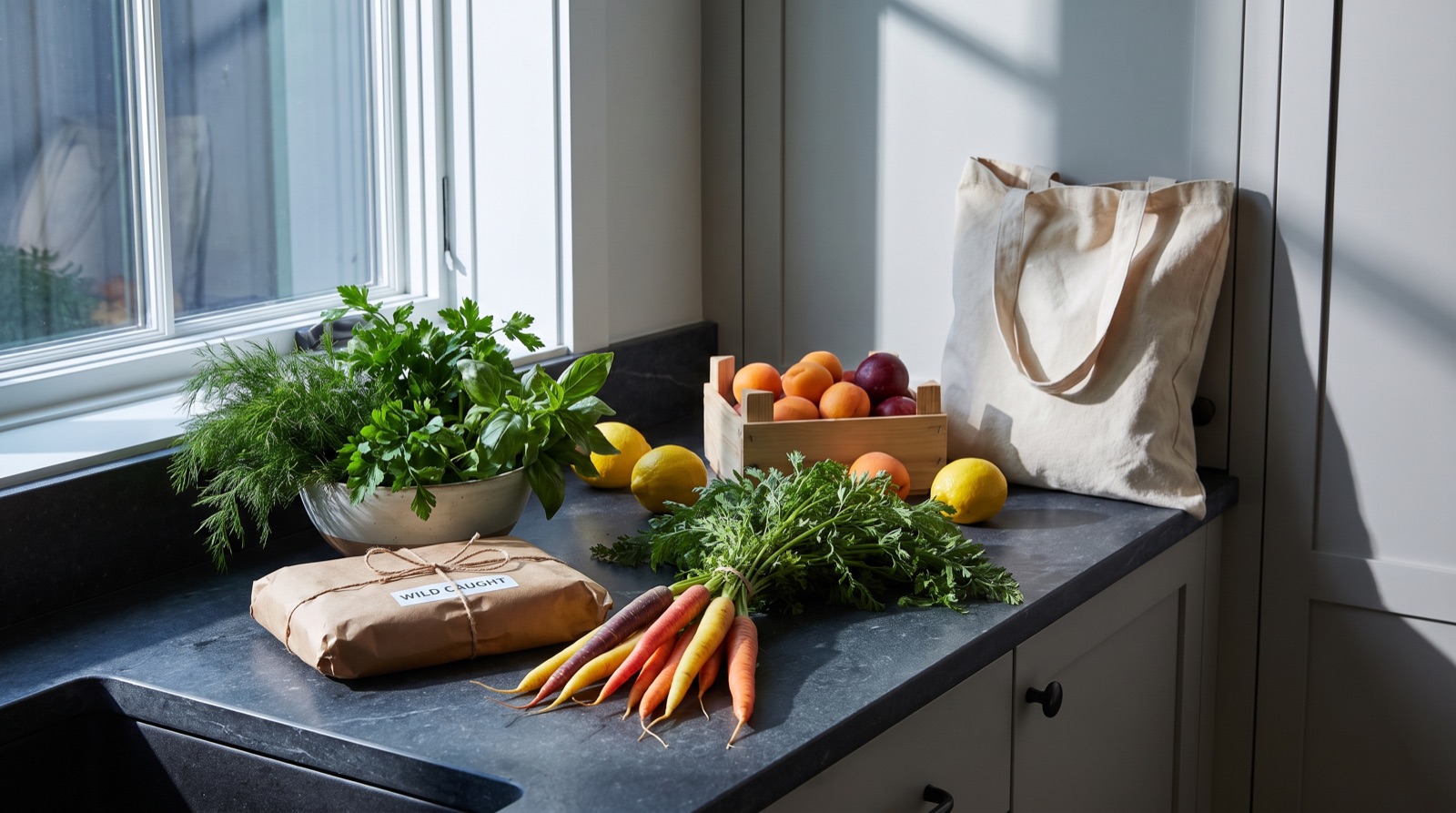 Market herbs, heirloom carrots, stone fruit and a wrapped parcel of fish set down on a honed stone counter