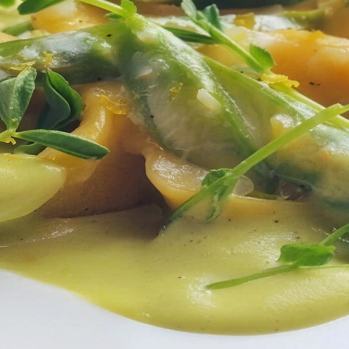 Filled pasta and shrimp under herb sauce