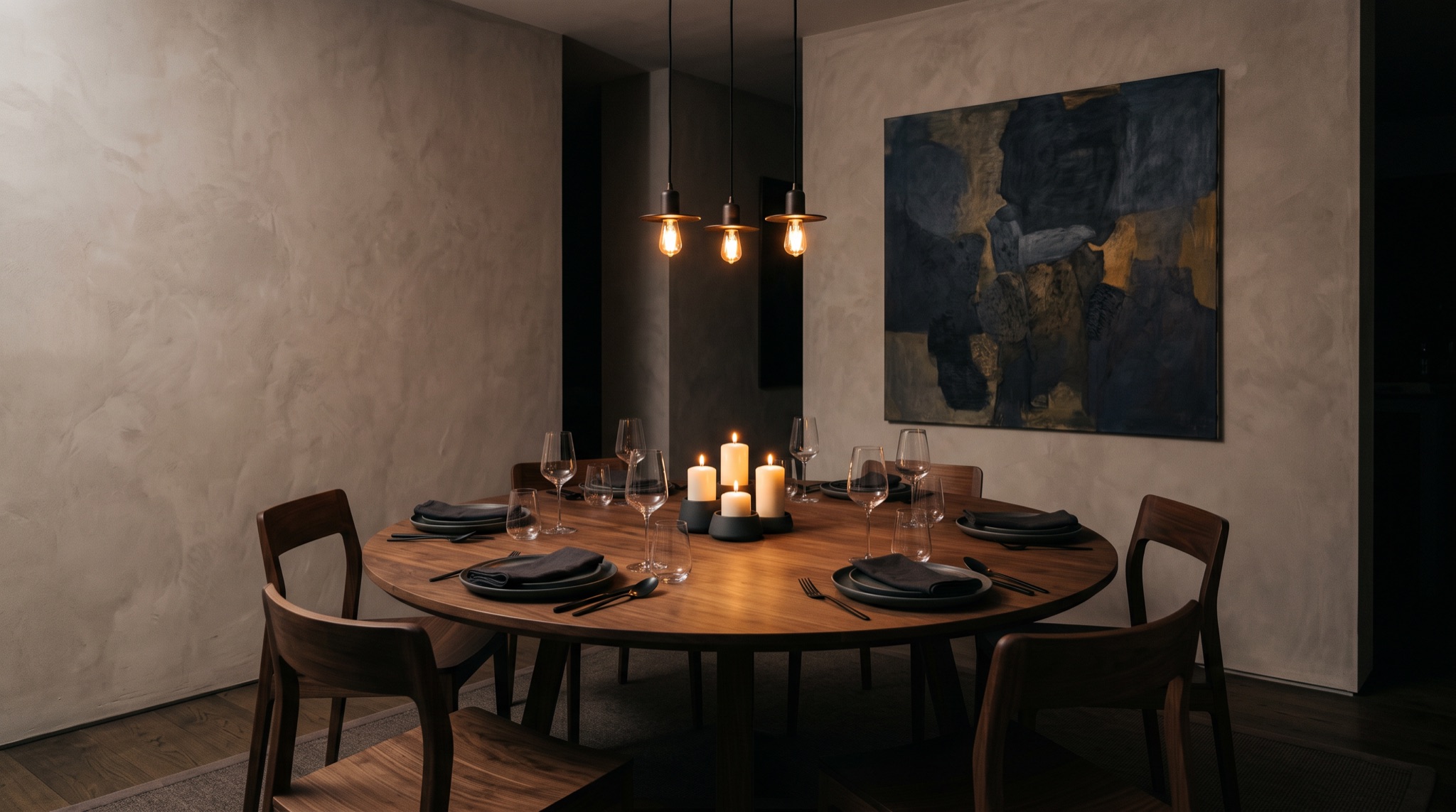 A set dinner table in a Chicago home before guests arrive
