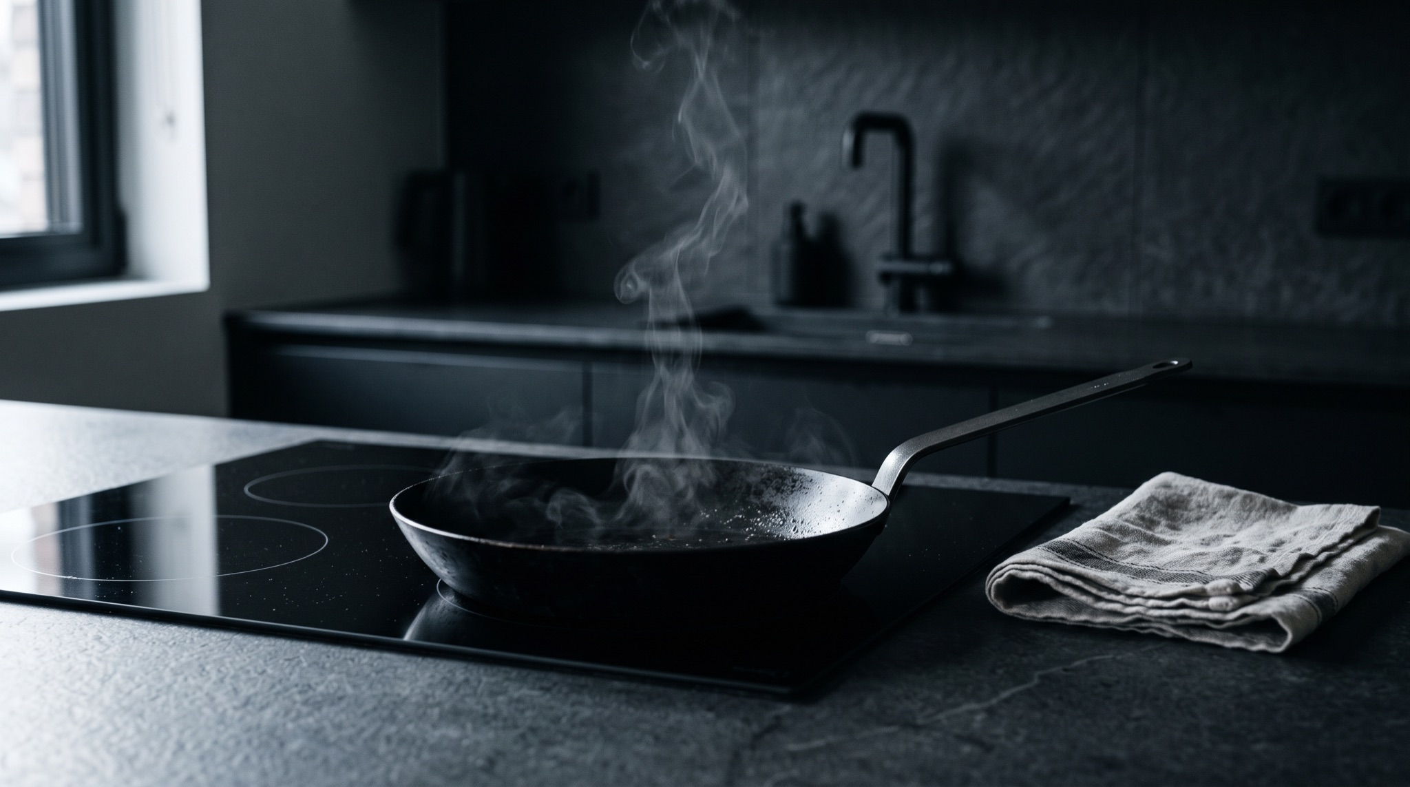 A carbon steel pan on a honed stone counter in a modern kitchen