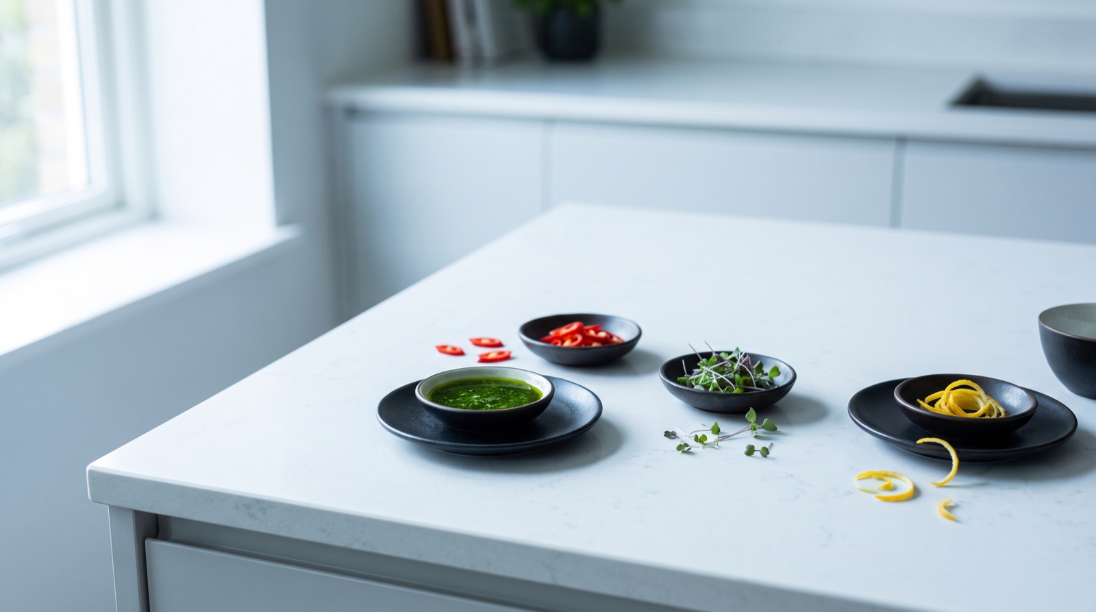 Small dishes of herb oil, sliced chilli, micro herbs and citrus zest set out on a quartz counter