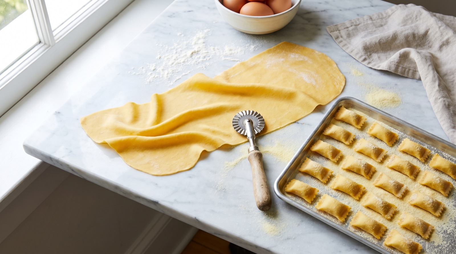 Sheets of fresh egg pasta and a tray of filled agnolotti dusted with semolina on a marble counter