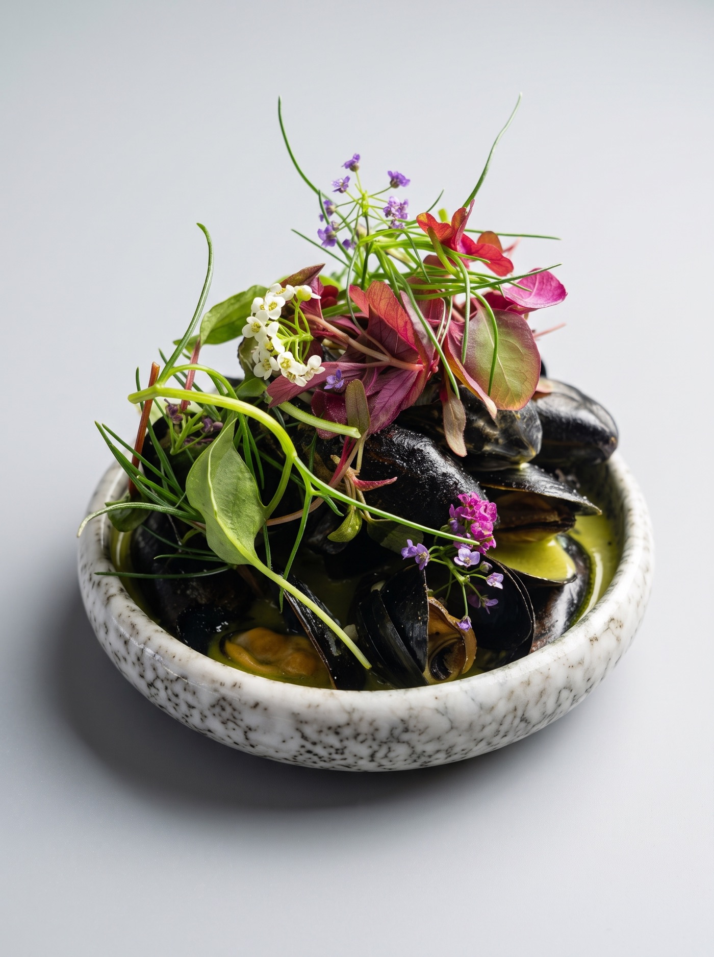 Mussels in a green herb broth, finished with edible flowers and micro herbs