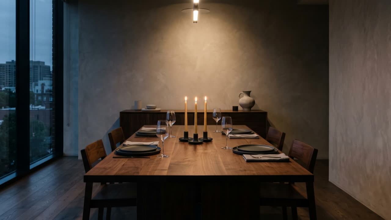 A candlelit dinner table set in a Chicago home